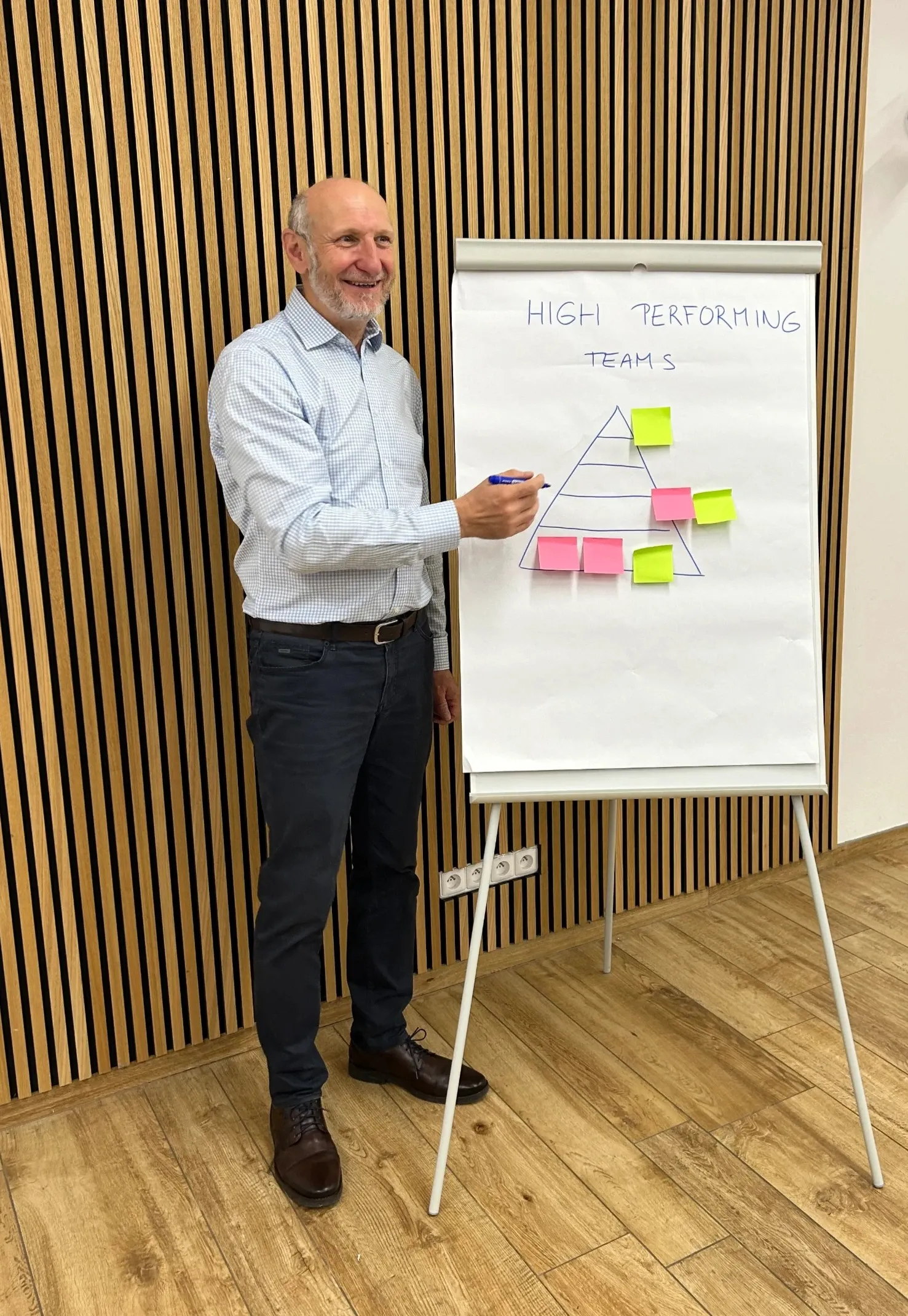Four managers at a whiteboard with sticky notes, planning their next steps